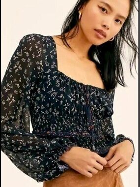 Free People Black Floral Button-Front Blouse